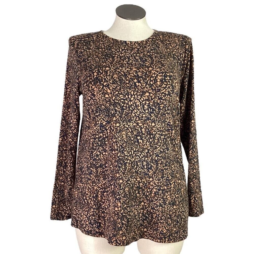 J Jill Top Womens M Brown Black Pure Jill Paisley Long Sleeve Shirttail Tee